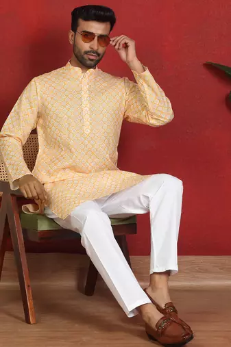 cotton blend leaf prints yellow knee length kurta