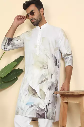 leaf printed cotton blend straight green kurta