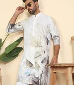 leaf printed cotton blend straight green kurta