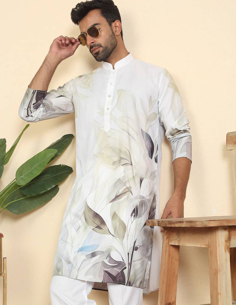 leaf printed cotton blend straight green kurta
