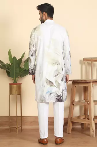 leaf printed cotton blend straight green kurta