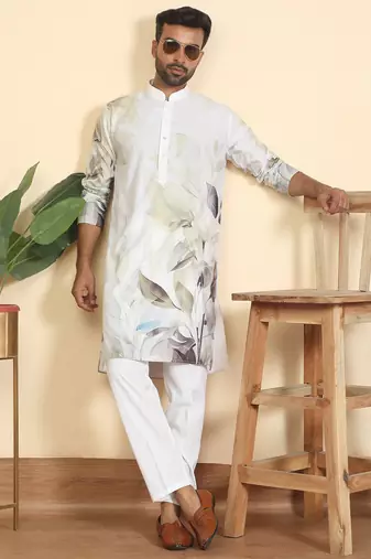 leaf printed cotton blend straight green kurta