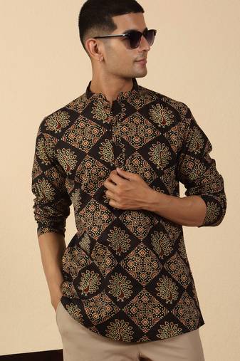  cotton black ajrakh ethnic printed short kurta