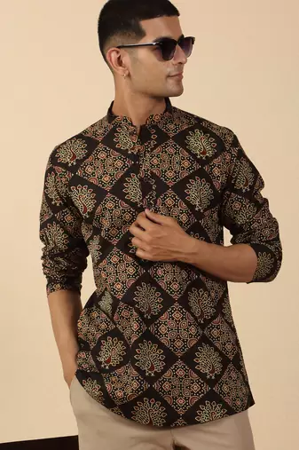  cotton black ajrakh ethnic printed short kurta