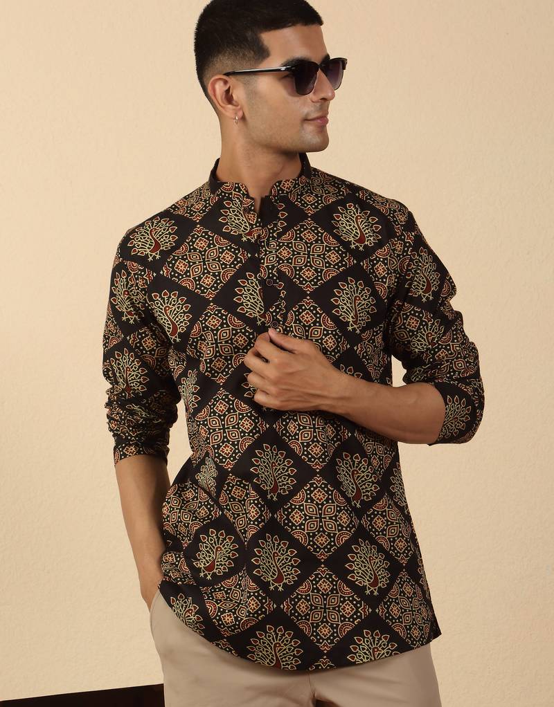  cotton black ajrakh ethnic printed short kurta