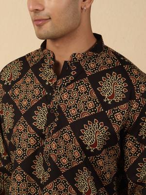  cotton black ajrakh ethnic printed short kurta 2
