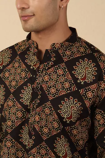  cotton black ajrakh ethnic printed short kurta