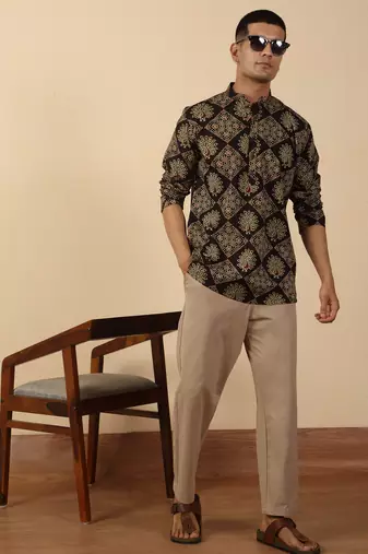  cotton black ajrakh ethnic printed short kurta