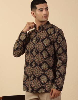  cotton black ajrakh ethnic printed short kurta 5