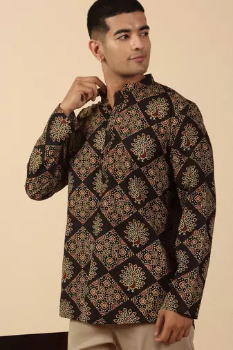  cotton black ajrakh ethnic printed short kurta