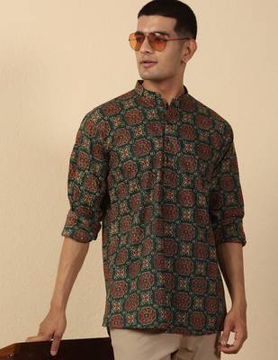  cotton black ajrakh floral printed short kurta 1
