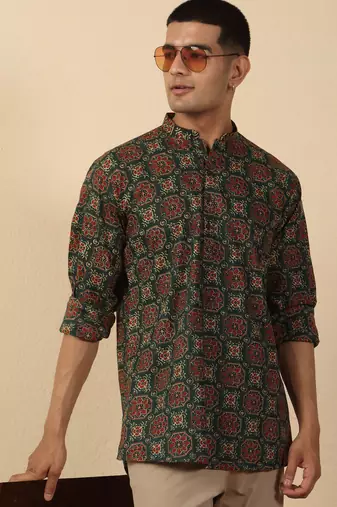  cotton black ajrakh floral printed short kurta