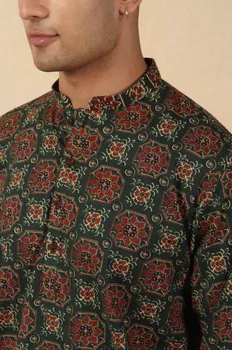  cotton black ajrakh floral printed short kurta