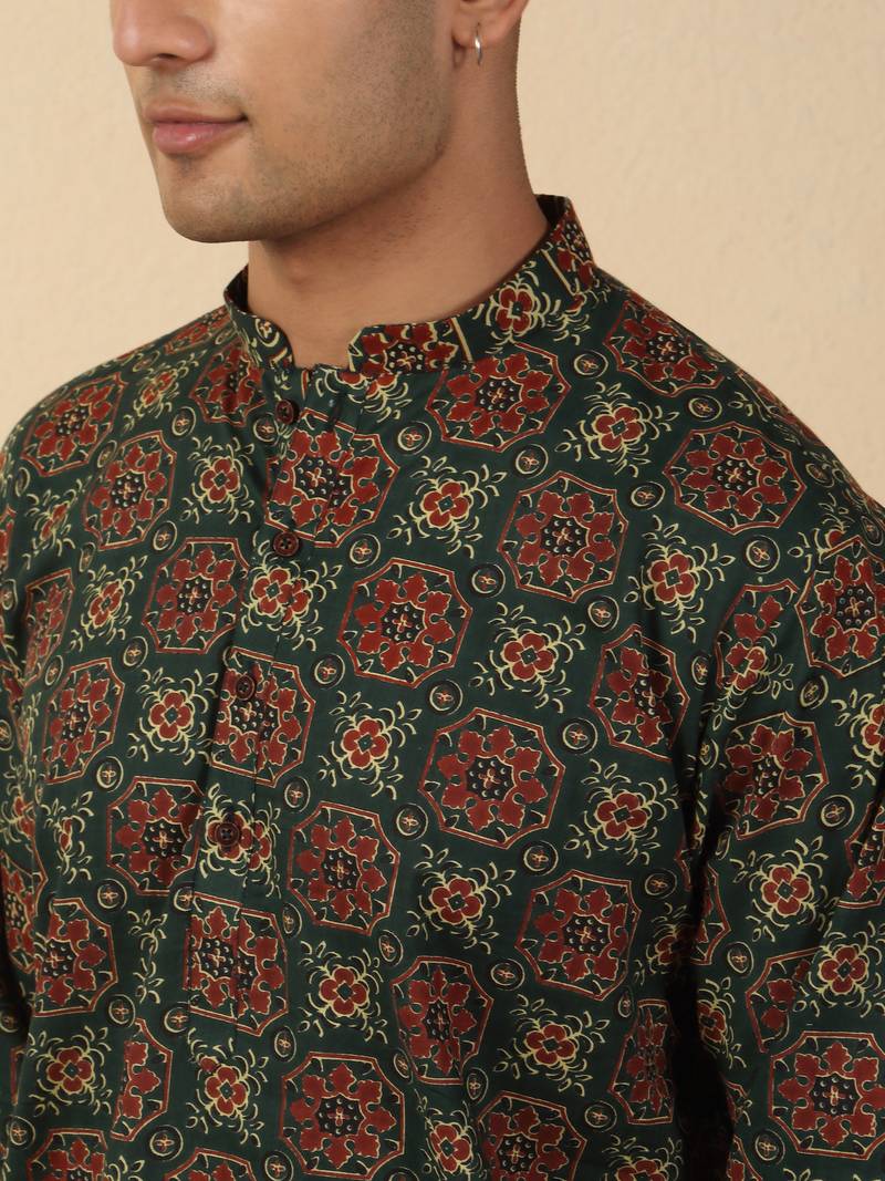  cotton black ajrakh floral printed short kurta