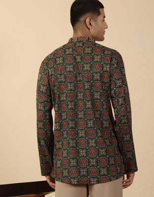  cotton black ajrakh floral printed short kurta 3