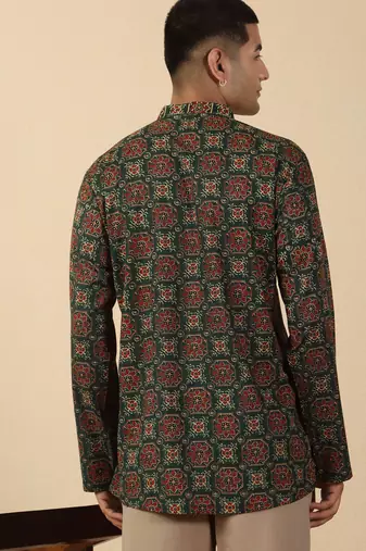  cotton black ajrakh floral printed short kurta