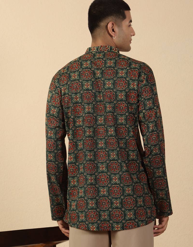  cotton black ajrakh floral printed short kurta