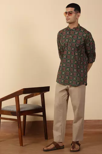  cotton black ajrakh floral printed short kurta
