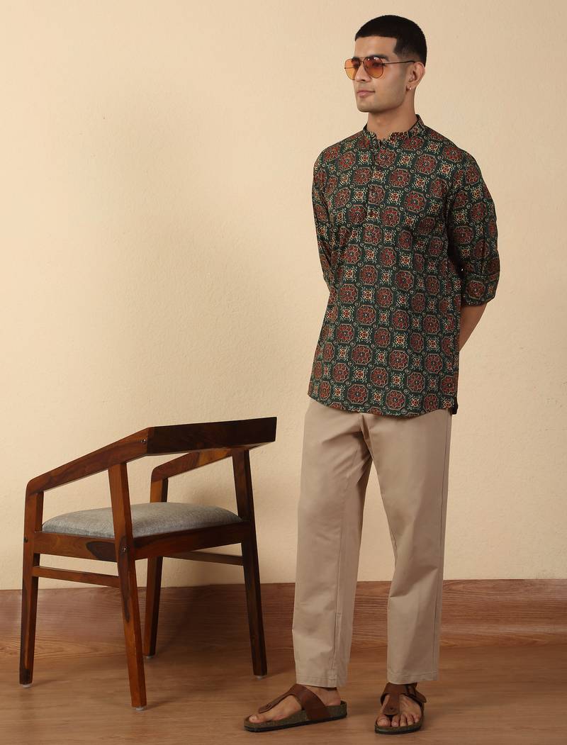  cotton black ajrakh floral printed short kurta
