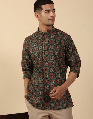  cotton black ajrakh floral printed short kurta 5