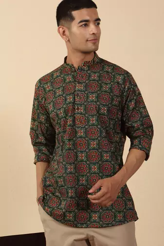  cotton black ajrakh floral printed short kurta