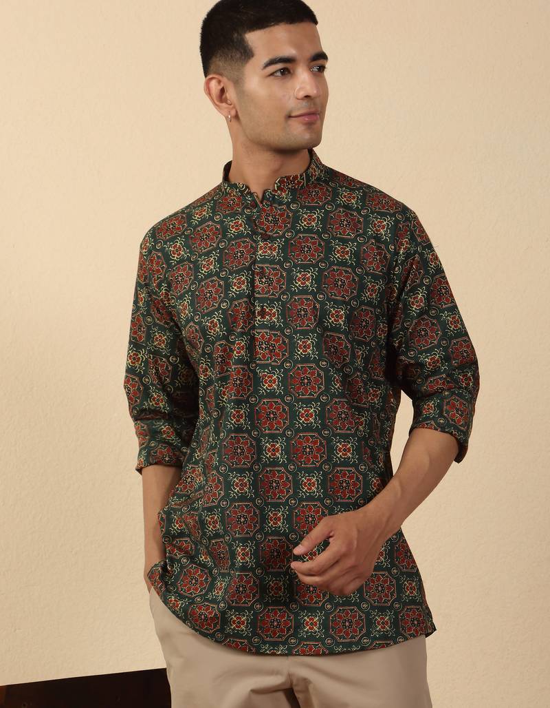  cotton black ajrakh floral printed short kurta