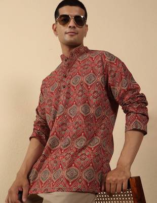   cotton ajrakh inspired paisley printed maroon short kurta 1
