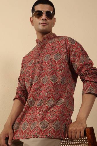   cotton ajrakh inspired paisley printed maroon short kurta