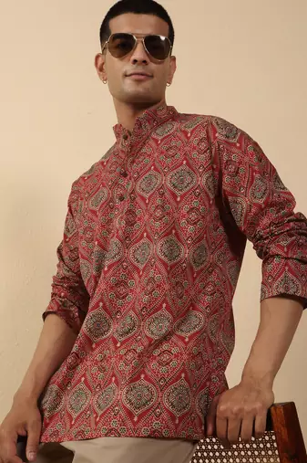   cotton ajrakh inspired paisley printed maroon short kurta