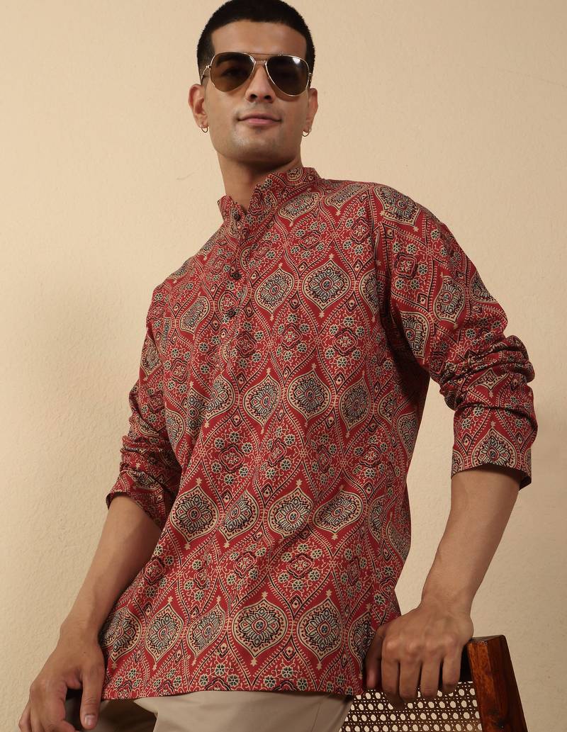   cotton ajrakh inspired paisley printed maroon short kurta