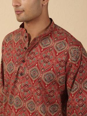   cotton ajrakh inspired paisley printed maroon short kurta 2