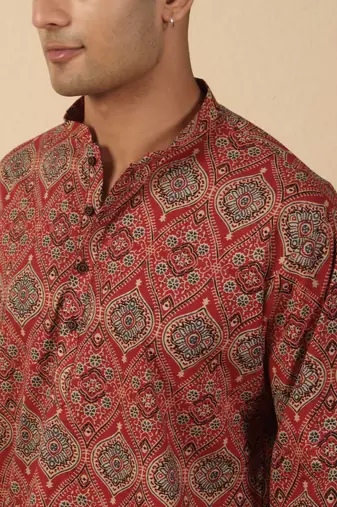   cotton ajrakh inspired paisley printed maroon short kurta