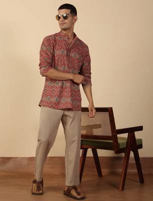   cotton ajrakh inspired paisley printed maroon short kurta 4
