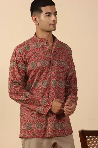   cotton ajrakh inspired paisley printed maroon short kurta