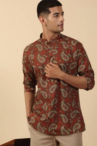   cotton ajrakh inspired paisley printed rust short kurta