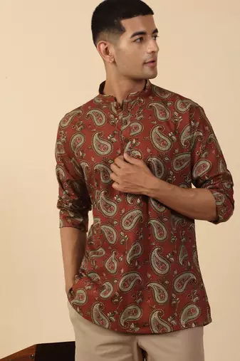   cotton ajrakh inspired paisley printed rust short kurta
