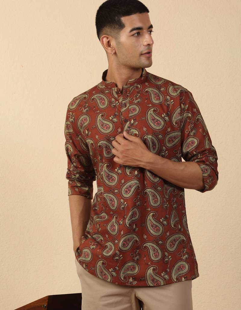   cotton ajrakh inspired paisley printed rust short kurta