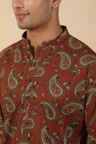   cotton ajrakh inspired paisley printed rust short kurta