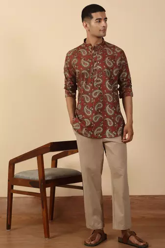   cotton ajrakh inspired paisley printed rust short kurta