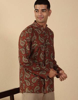   cotton ajrakh inspired paisley printed rust short kurta 5