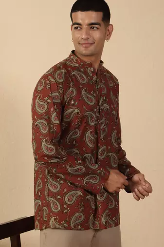   cotton ajrakh inspired paisley printed rust short kurta