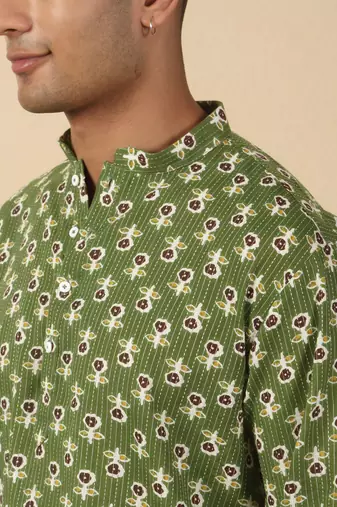   cotton kantha work floral printed short kurta