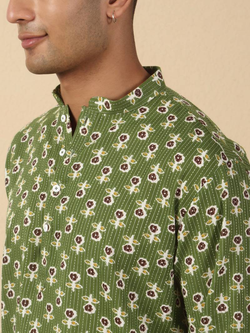   cotton kantha work floral printed short kurta