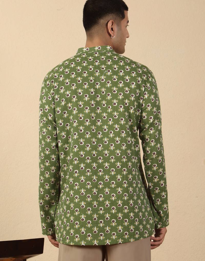   cotton kantha work floral printed short kurta