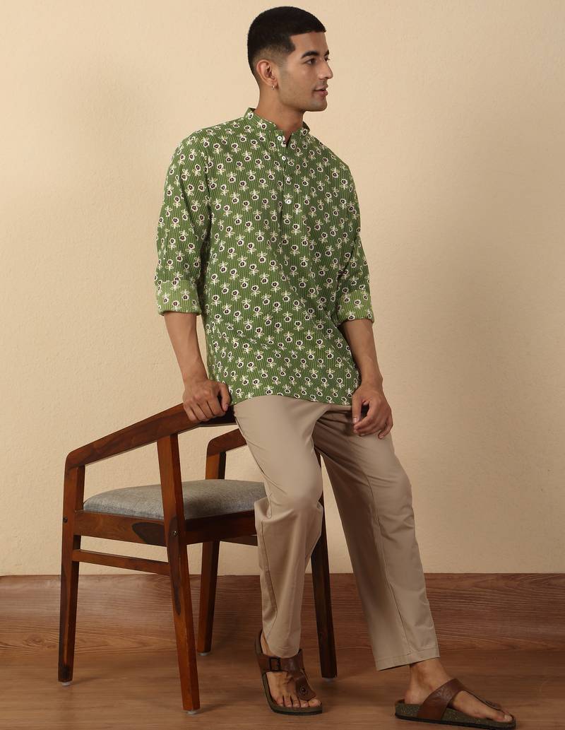   cotton kantha work floral printed short kurta