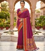 Magenta soft  silk with zari weaving chex &  rich pallu with contrast silk blouse