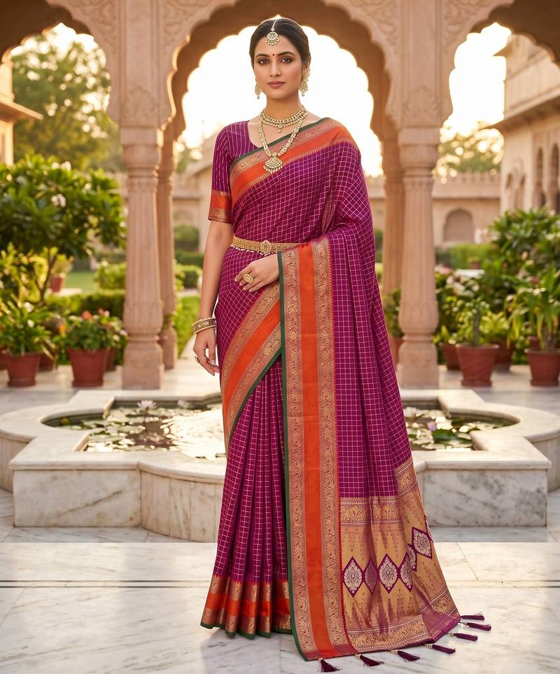 Magenta soft  silk with zari weaving chex &  rich pallu with contrast silk blouse