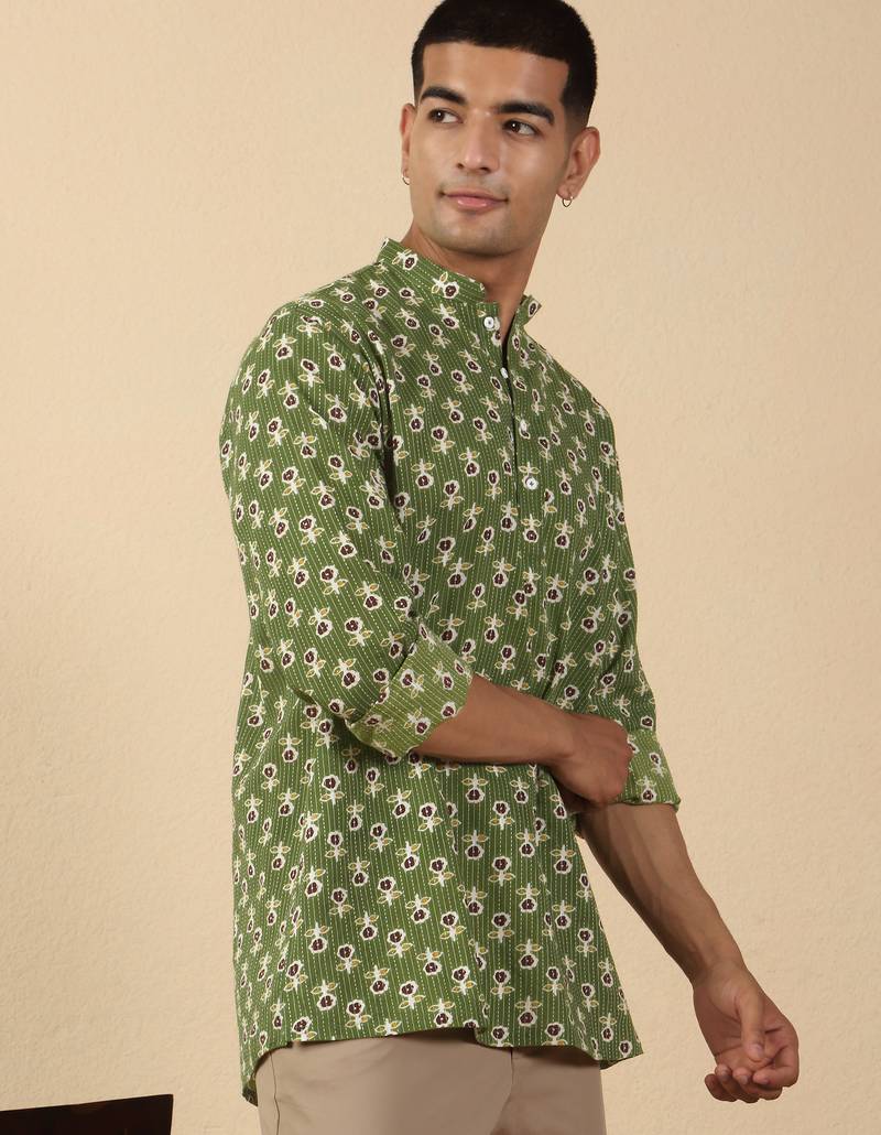   cotton kantha work floral printed short kurta