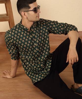   cotton jaipuri booti printed green short kurta 1