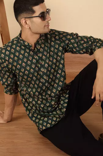  cotton jaipuri booti printed green short kurta